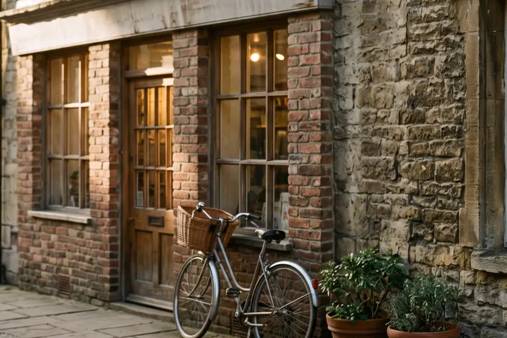 A lit shopfront with a wooden door and sash windows, a bicycle leaning beside it.
