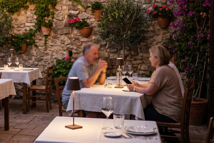 Two guests at a table on the terrace at dusk, one of them holding a phone.