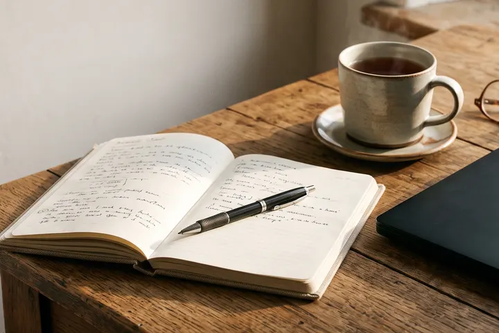 An open notebook with a pen resting across it, and a cup of tea on the desk beside it.