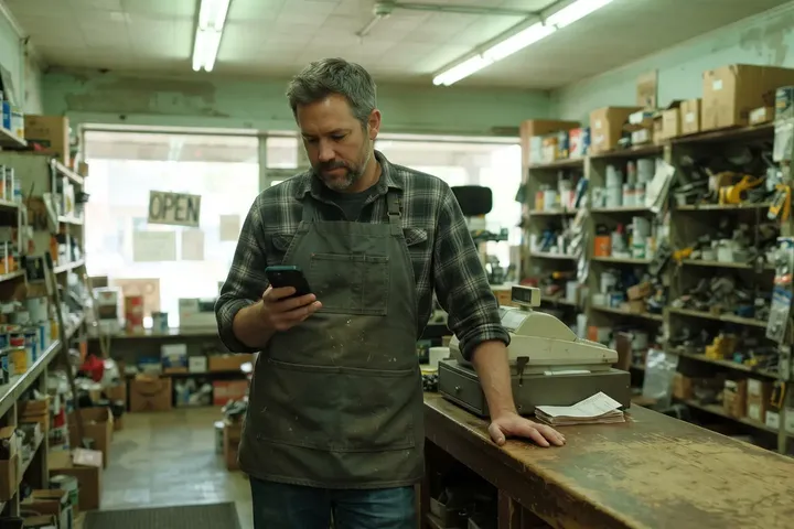 The owner of a hardware store checking his phone behind the counter.