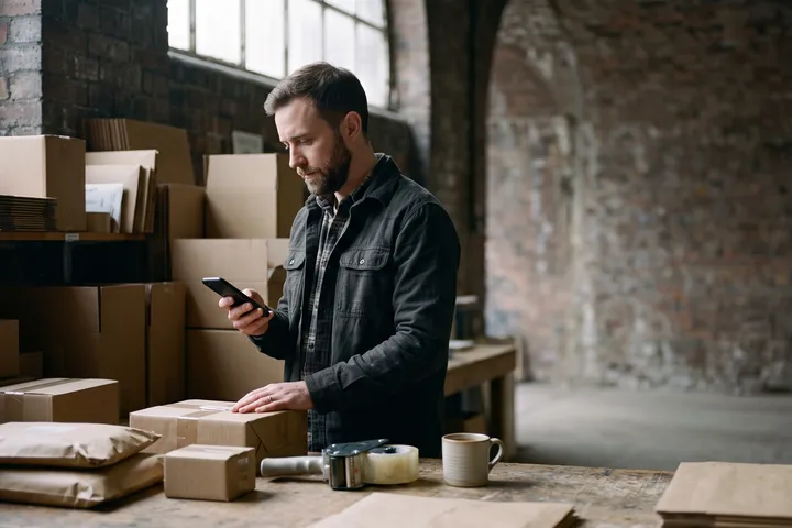 The owner of a small online shop checking his phone at the packing bench.