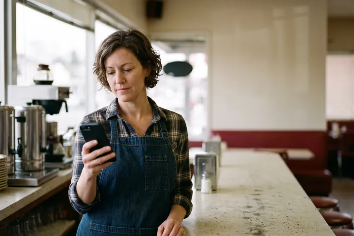 The owner of a neighbourhood diner checking her phone behind the counter.