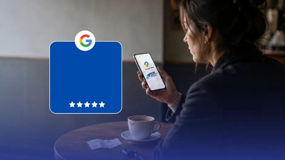 A customer checking a business on her phone in a café, beside a five star review card.