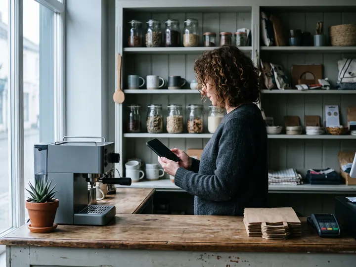 A shop owner alone behind a quiet counter, looking at a phone.